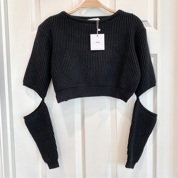 Black Cut-Out Elbow Sleeves Ribbed Knit Cropped Sweater - Picture 1 of 7